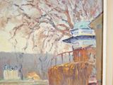 une peinture représentant un train sur les rails près d'un arbre