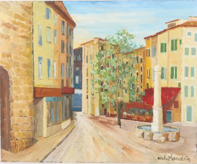 a painting of a street scene with buildings and a fountain