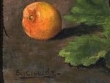 painting of an orange and a leaf on a table with a brown background