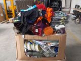 a cart with many items in it in a warehouse