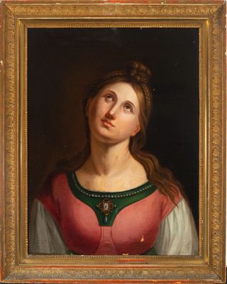 un tableau représentant une femme vêtue d'une robe rouge et verte