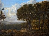 painting of a wooded landscape with two men on horseback and a dog in the foreground