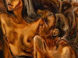 an oil painting of a man and a woman sitting on a rock