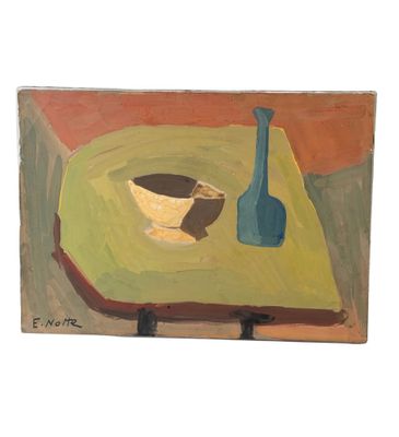 un tableau représentant un vase et un bol posés sur une table