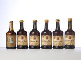 six bottles of beer lined up in a row on a table