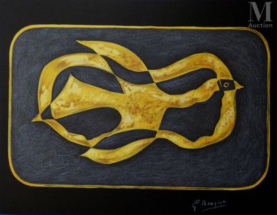 peinture représentant un oiseau jaune sur fond noir, sur une surface noire