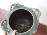 a person that is holding a vase with a frog on it