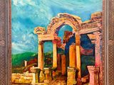 une peinture à l'huile représentant un tableau représentant un bâtiment à colonnes