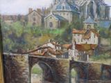 a painting of a painting of a town with a bridge