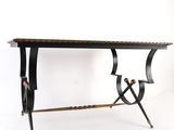 a black and gold console table with a wooden top and metal legs