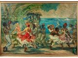 an image of a painting of a group of people dancing on a beach