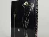 a black book with a drawing of a woman holding a sword