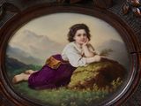 a painting of a young girl sitting on a hill