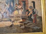 a painting of a group of people outside of a building