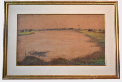 peinture représentant un paysage avec un bateau sur un plan d'eau