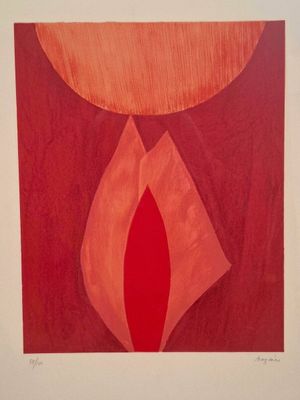 une image représentant une peinture d'une fleur rouge sur fond rouge