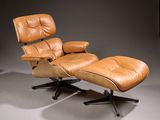 an image of a brown leather lounge chair and ottoman on a grey background