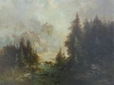 tableau représentant un paysage de montagne avec un lac au premier plan et des arbres au premier plan