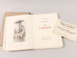 an open book with a drawing of a man in a hat and a business card