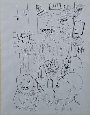 dessin représentant un groupe de personnes alignées devant un bâtiment