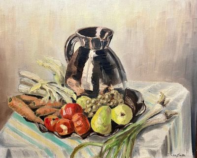 un tableau représentant une assiette de fruits et de légumes posée sur une table