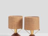 a pair of lamps on a white table with a brown shade