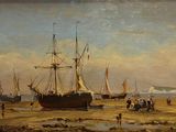 une peinture représentant un bateau sur la plage, avec des personnes sur le rivage
