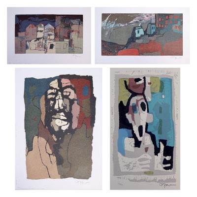 quatre tableaux de couleurs différentes représentant un homme et une femme sur fond blanc
