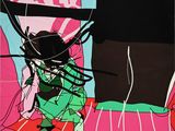 un tableau représentant une femme assise sur une couverture rouge