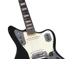 an image of a black electric guitar on a stand on a white background