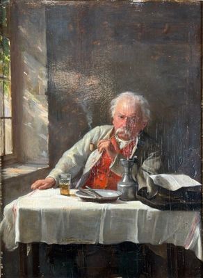 painting of a man sitting at a table reading a book