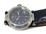 a silver watch with a blue face on a black leather strap