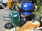 a green cart with a blue tank and a green cart with a blue tank