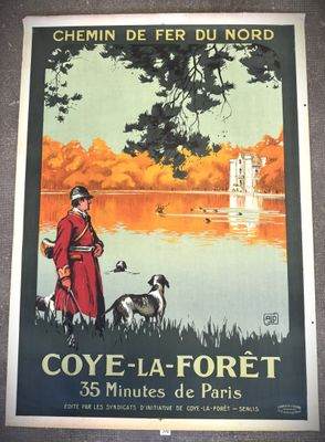 french vintage travel poster of a woman and her dog by a lake