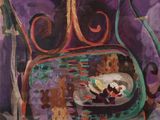 une peinture à l'huile représentant une chaise sur laquelle est posée une assiette de nourriture