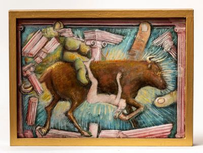 a picture of a painting of a man riding a bull