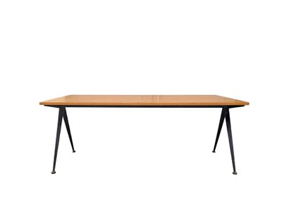 a wooden table with black legs on a white background