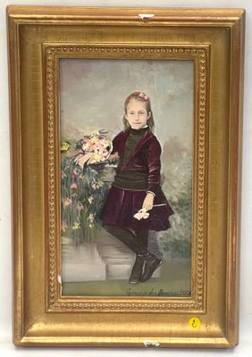 painting of a young girl in a purple dress holding a bouquet