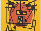 une affiche jaune ornée d'un motif noir et rouge