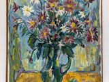 a painting of flowers in a vase on a table