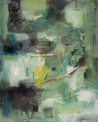 une peinture abstraite représentant une toile verte et blanche accrochée au mur