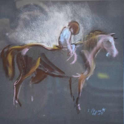 un tableau représentant un homme à cheval par temps nuageux