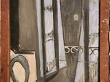 a picture of a painting of a window with a pair of scissors in it