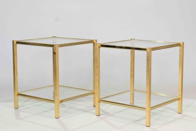 pair of brass side tables with glass tops