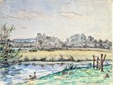dessin représentant une rivière avec des canards et une clôture au premier plan