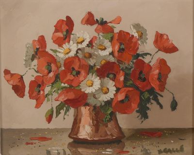 tableau représentant des fleurs rouges et blanches dans un vase en cuivre posé sur une table
