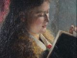 an oil painting of a woman reading a book in front of a red curtain