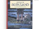 la couverture du livre *Spirits of Scotland*, sur laquelle figurent deux hommes debout devant un château