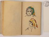 an open book with drawings of a woman ' s head and a drawing of a woman ' s face