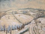 painting of a snowy landscape with a couple of people walking in the snow